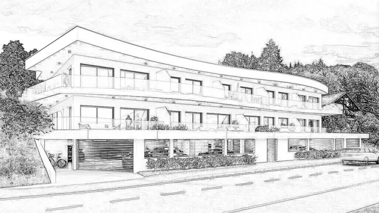 Bleistiftzeichnung eines Mehrparteienhauses mit großzügigen Balkonen, graue Fassade und Tiefgarage.