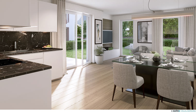 Visualisierung einer elegant eingerichteten Wohnküche mit weißen Schränken und hellgrauen Wohnmöbeln.