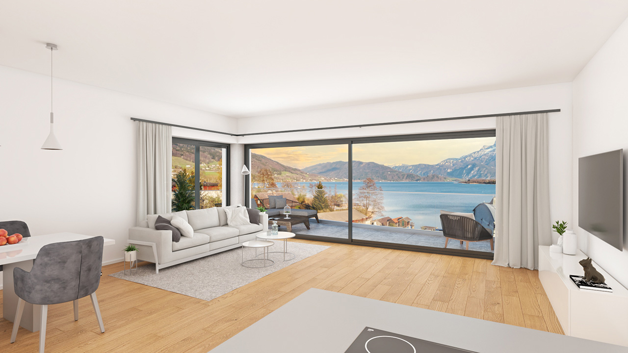 Innenansicht eines modernen Wohnzimmers. Man sieht die Terasse, Berge und den See.